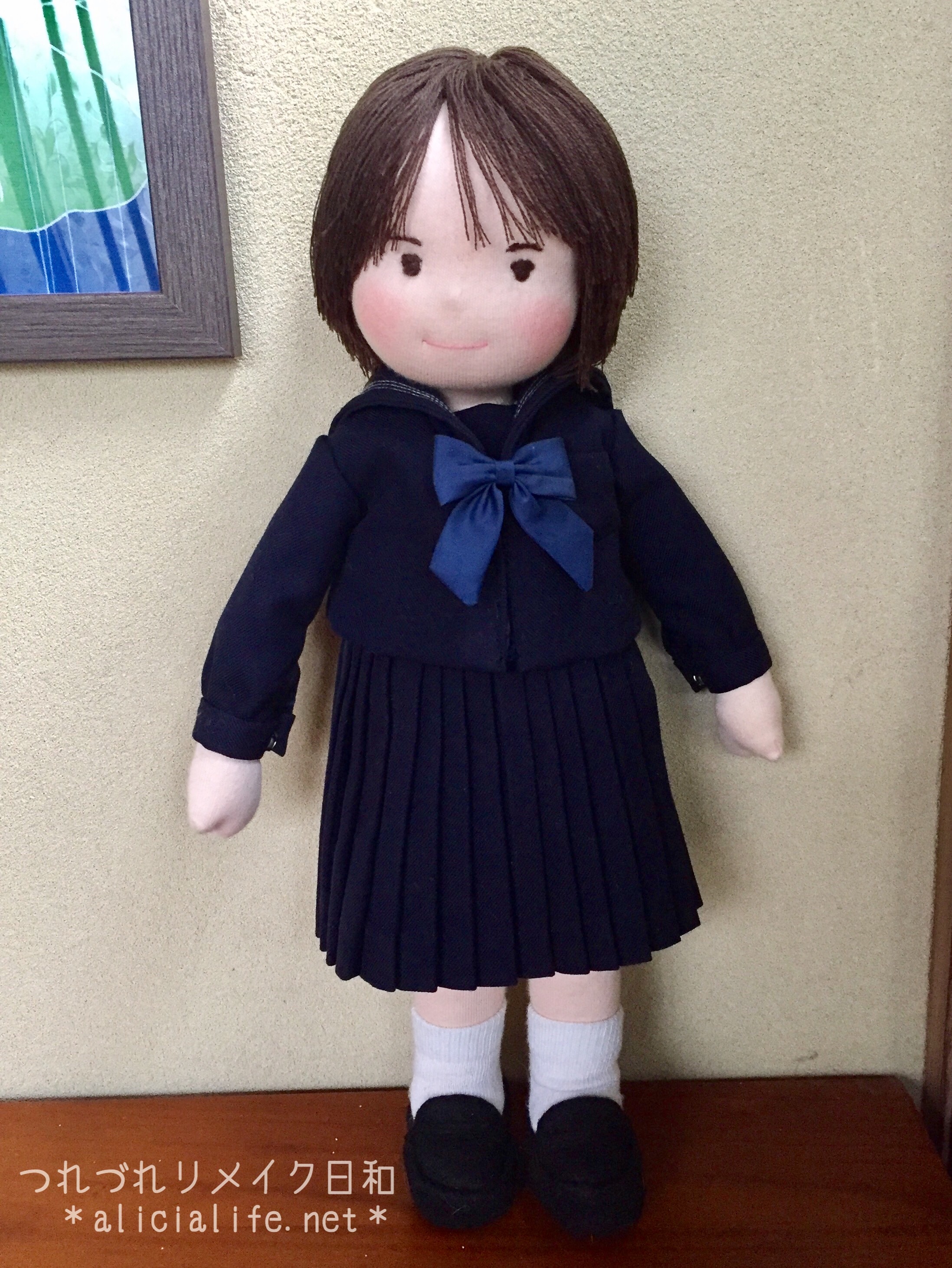 人形の髪の付け方 制服を着た布のお人形完成しました つれづれリメイク日和